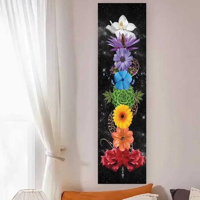 VIKAMA Chakra-Blumen Wandteppich in Multicolour, Boho Wandbehang mit floralem Design für Yoga und Meditation, Breite: 40 cm, Höhe: 150 cm - Bild 1
