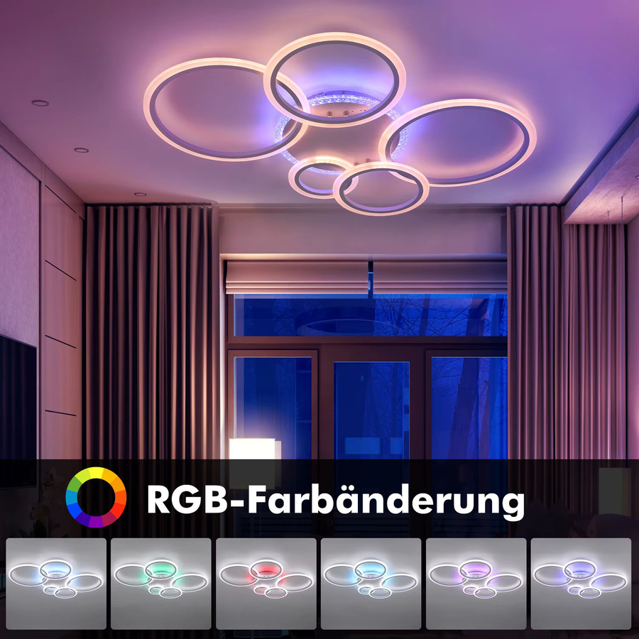 Oyajia 5-Ring Acryl LED-Deckenleuchte mit RGB-Hintergrundbeleuchtung, dimmbar mit Fernbedienung, Farbe: Weiß, 80W - Bild 2