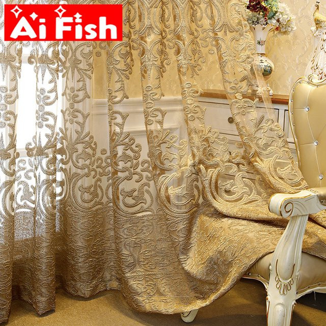 AiFish Luxus Jacquard Tüll Vorhang in Kaffee mit goldenem Draht, transparent, Höhe: 230 cm, Breite: 100 cm - Bild 1