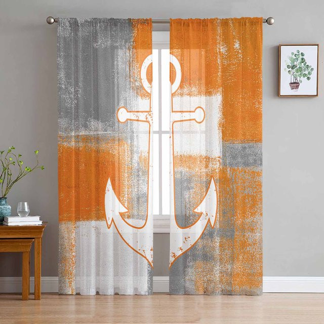 Super Six Transparente Tüll-Vorhänge mit Retro-Gemälde Motiv Schiff und Anker in Orange, Breite: 135 cm, Höhe: 114 cm - Bild 1