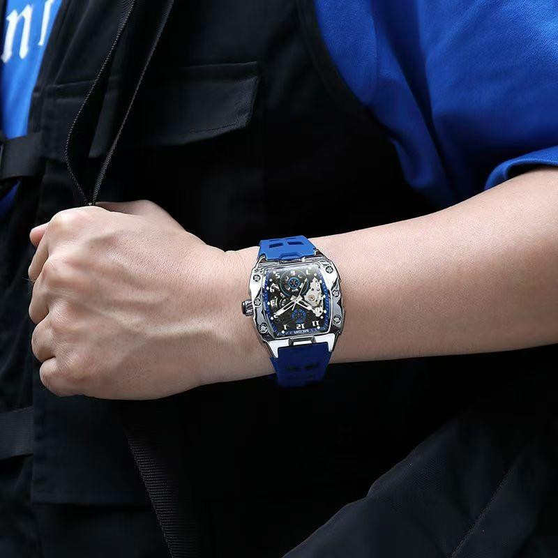 Megir Armbanduhr, Automatik, Tonneau, Edelstahl, Blau, Schwarz, Herren - Bild 5