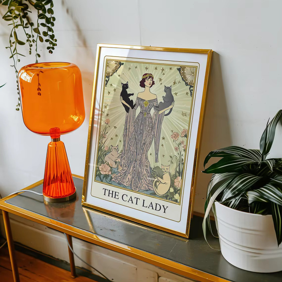 Cat Lady Tarot Wandkunst SHENCHEN Art Nouveau Kunstdruck als buntes Katzenposter im floralen Design - Bild 3