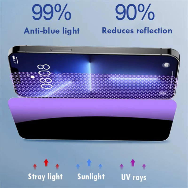2 Stück lila Privacy Schutz Panzerglas mit Anti-BlueRay Filter für Apple iPhone 16 15 14 13 12 11 Pro Plus Mini - Bild 2