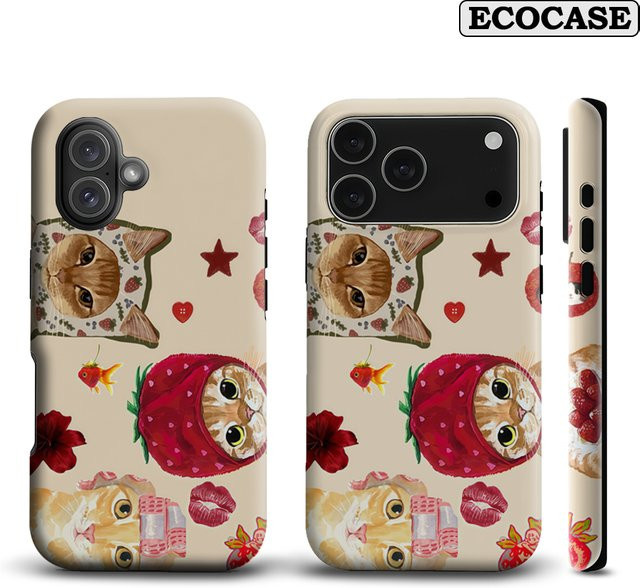 Potdemiel Handyhülle mit Erdbeer-Katzen-Collage für iPhone 17 16 15 14 13 12 Pro Max Plus, Mehrfarbig, Doppelschichtige Rückseite - Bild 1