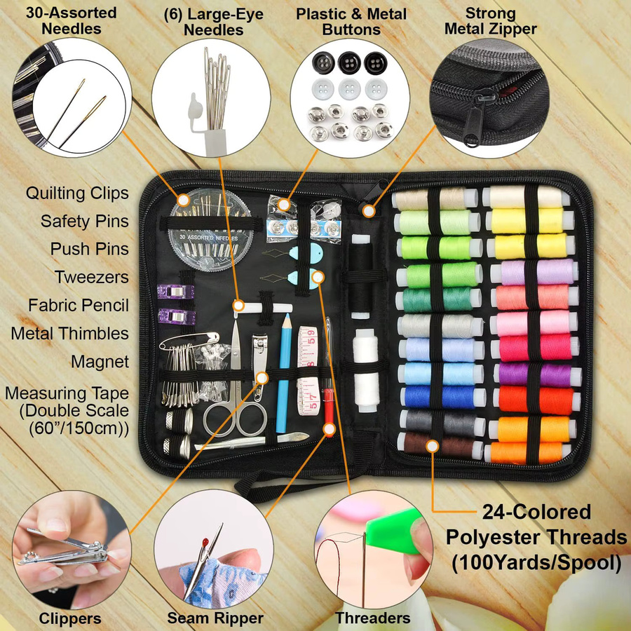 Tragbares 95-teiliges Nähwerkzeug-Set mit Nadeln und Fäden in einer schwarzen Kunststoff-Nähbox für Heim und Reise, mehrfarbig - Bild 5