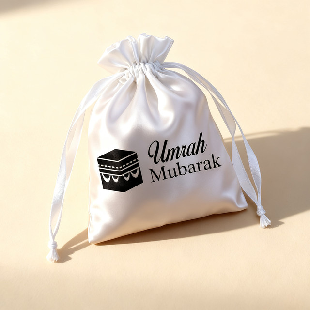 5 Stück Umrah Mubarak Geschenktüten aus weißem Satin mit Kordelzug für Ramadan und Eid Al-Fitr - Bild 1