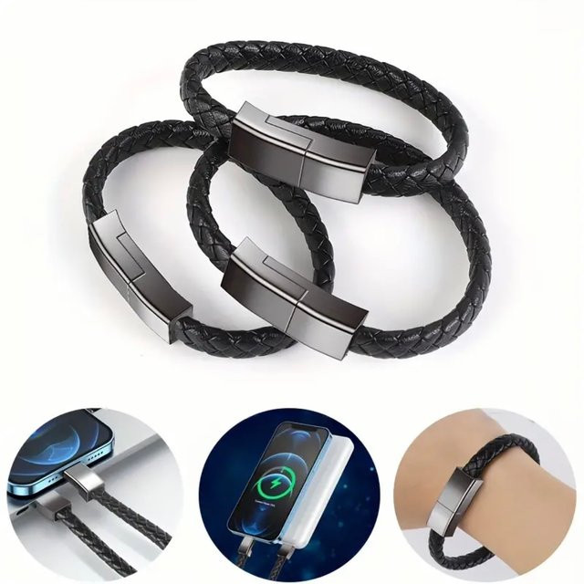 Tragbares USB-C Armband Ladekabel aus geflochtenem Kunstleder in Schwarz für iPhone und Typ-C Geräte - Bild 1