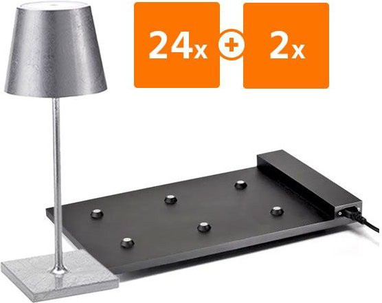24x Zafferano Poldina Pro Mini LED-Akkuleuchten in Silber mit 2x Multikontakt-Ladestation in Blattsilber, dimmbar und wetterfest IP65 - Bild 1