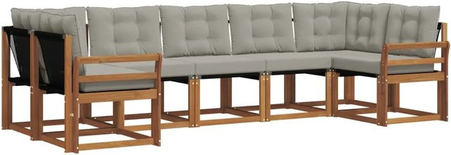 vidaXL Outdoor-Sofagarnitur 7-teilig L-Form aus Akazienholz und Textilene in Natur und Grau mit Kissen - Bild 1