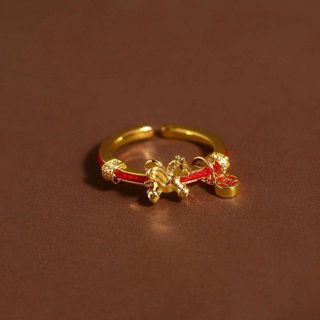 The Red Sun Offener Ring, Rotes Geflochtenes Seil, Goldmünze, Damen - Bild 1