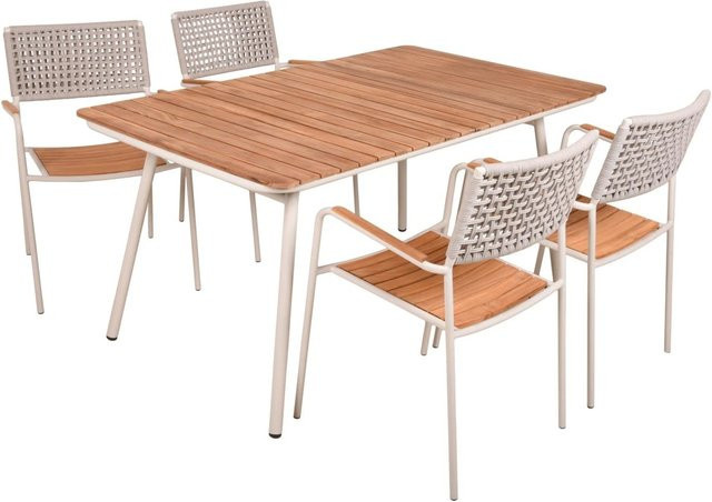 DELUKE Garten-Sitzgruppe LOTTE 5-tlg. aus Teakholz und Stahl in Cremeweiß mit Esstisch und Stühlen für Garten, Terrasse oder Balkon - Bild 1