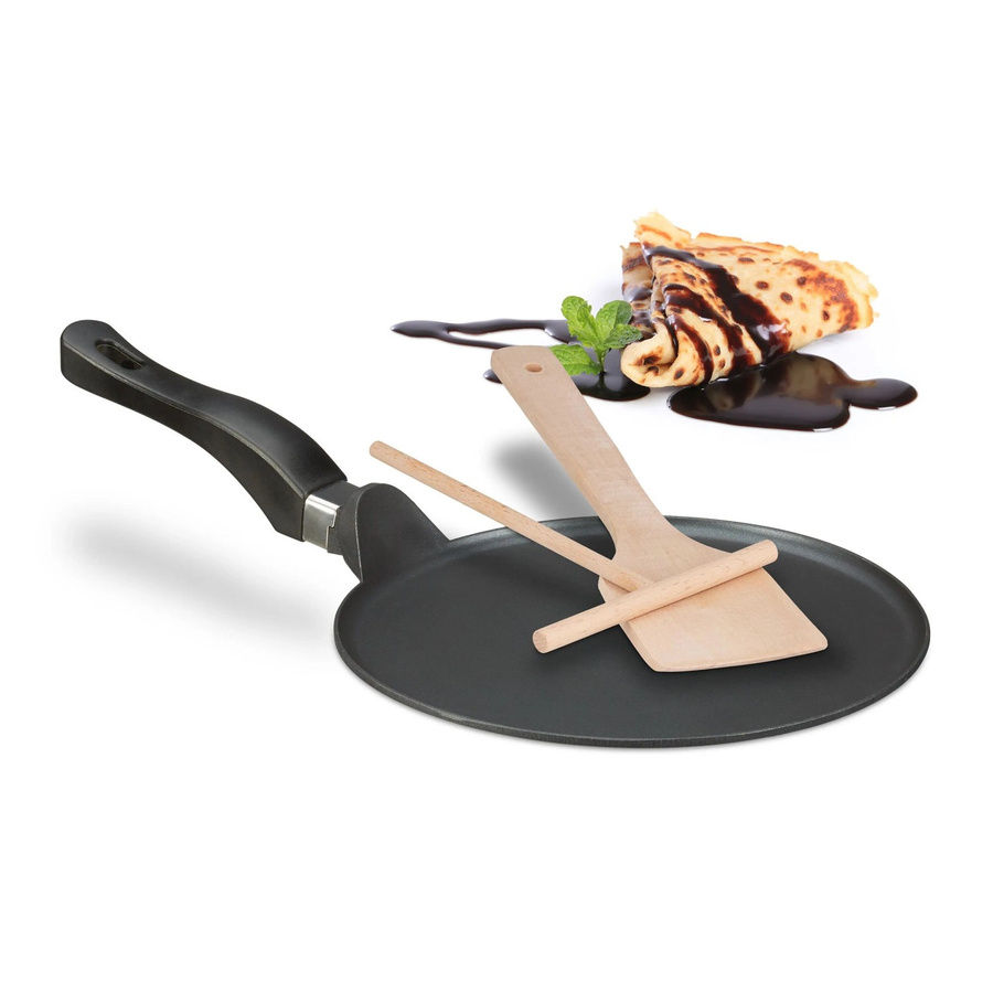 Relaxdays Crêpepfanne aus Aluminium mit Antihaftbeschichtung in Schwarz inklusive Teigverteiler und Pfannenwender, B/T/H: 45 x 25 x 9 cm - Bild 2