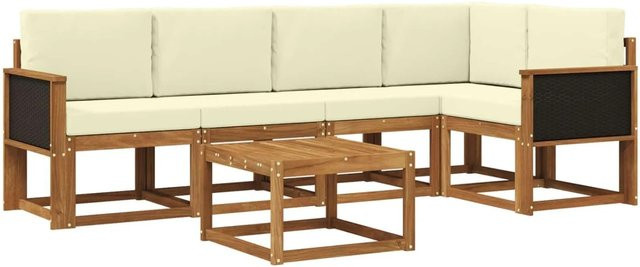 vidaXL Outdoor-Sofagarnitur aus Massivholz Akazie in L-Form mit 6 Teilen, inklusive Polster und Couchtisch, Farbe Natur und Creme - Bild 1