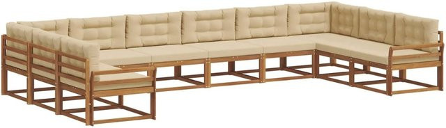 vidaXL Outdoor-Sofagarnitur aus massivem Akazienholz mit Kissen, 10-teiliges Set in Natur und Beige - Bild 1