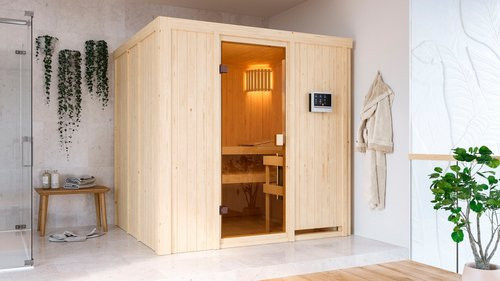 Karibu Sauna Kabli in Braun mit 9 kW Ofen für 4 Personen, B/T/H: 196 x 178 x 198 cm - Bild 1