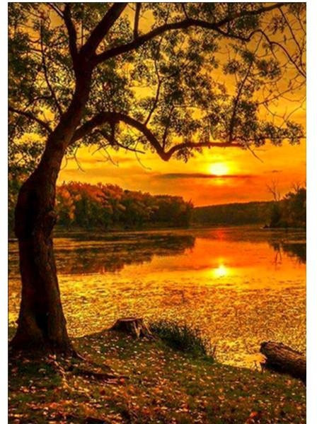 FIYO 5D DIY Vollkreis Diamant Malerei Sonnenuntergang Landschaft in Blau und Orange, B/H: 20 x 30 cm - Bild 1