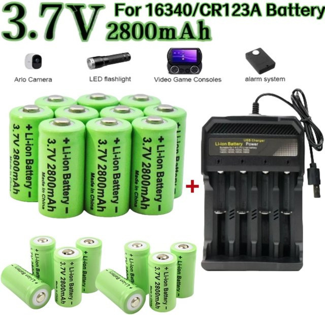NDNNAS CR123A 16340 Li-Ion Akku 3,7 V mit 2800 mAh und USB-C Ladegerät in Grün - Bild 1