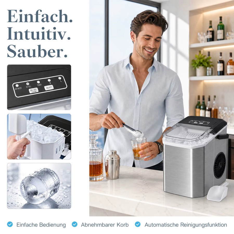 Silonn Eiswürfelmaschine aus Edelstahl in Silber mit Griff-Eiswürfelkorb, tragbar und selbstreinigend, produziert bis zu 12 kg Eis pro Tag - Bild 3