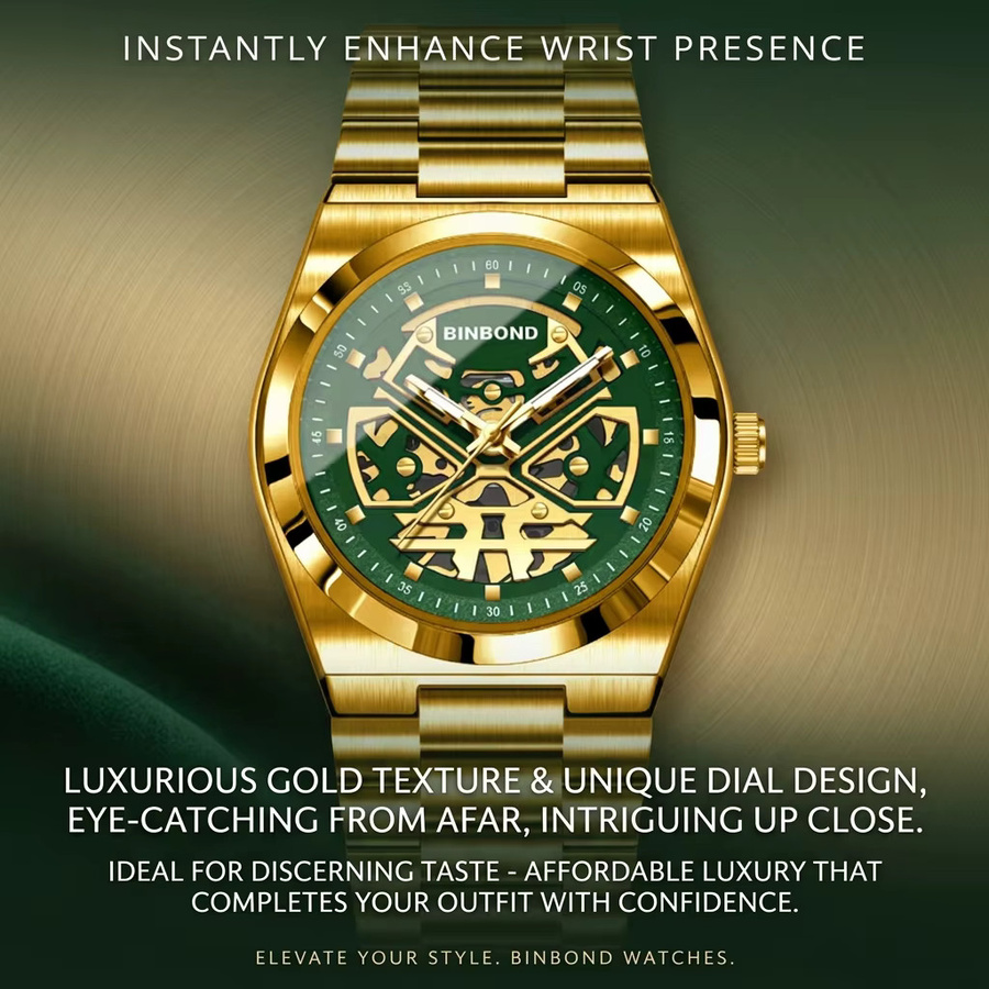 BINBOND Armbanduhr, Quarz, Edelstahl, Gold, grünes Zifferblatt, Unisex - Bild 3