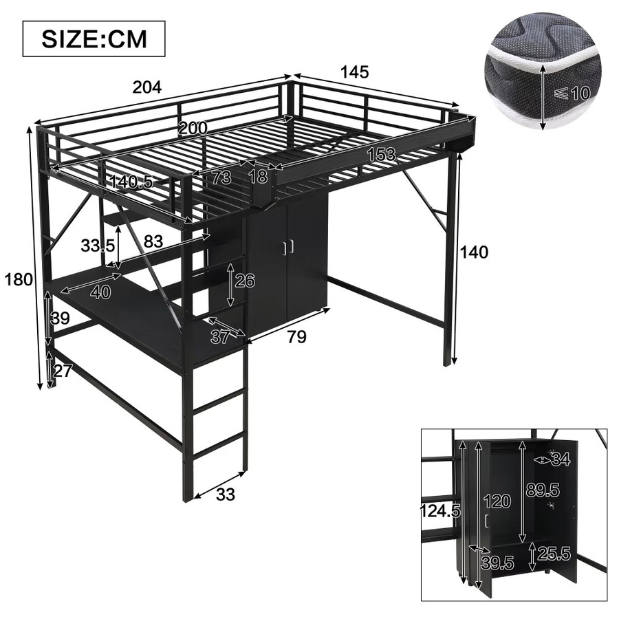 PINGGO Eisen-Hochbett mit Schreibtisch und Kleiderschrank in Schwarz, B/T/H: 140 x 200 cm, aus Eisen und MDF - Bild 3