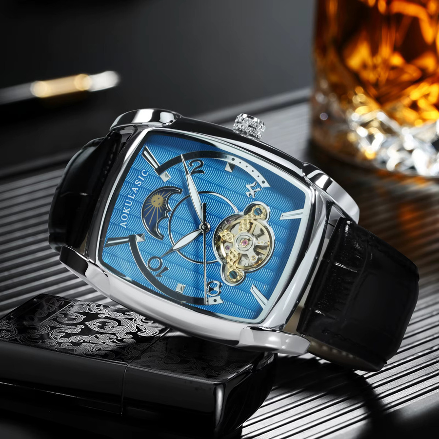 AOKULASIC Armbanduhr Tourbillon Skelett, Edelstahl, Leder, Herren - Bild 3