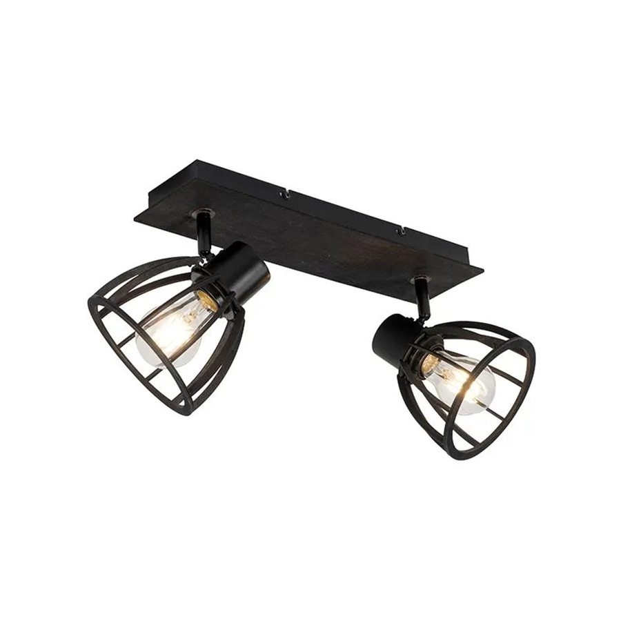 QAZQA Industrielle Deckenlampe Fotu in Schwarz aus Holz und Stahl, 2-flammig, dimmbar, E27 - Bild 2