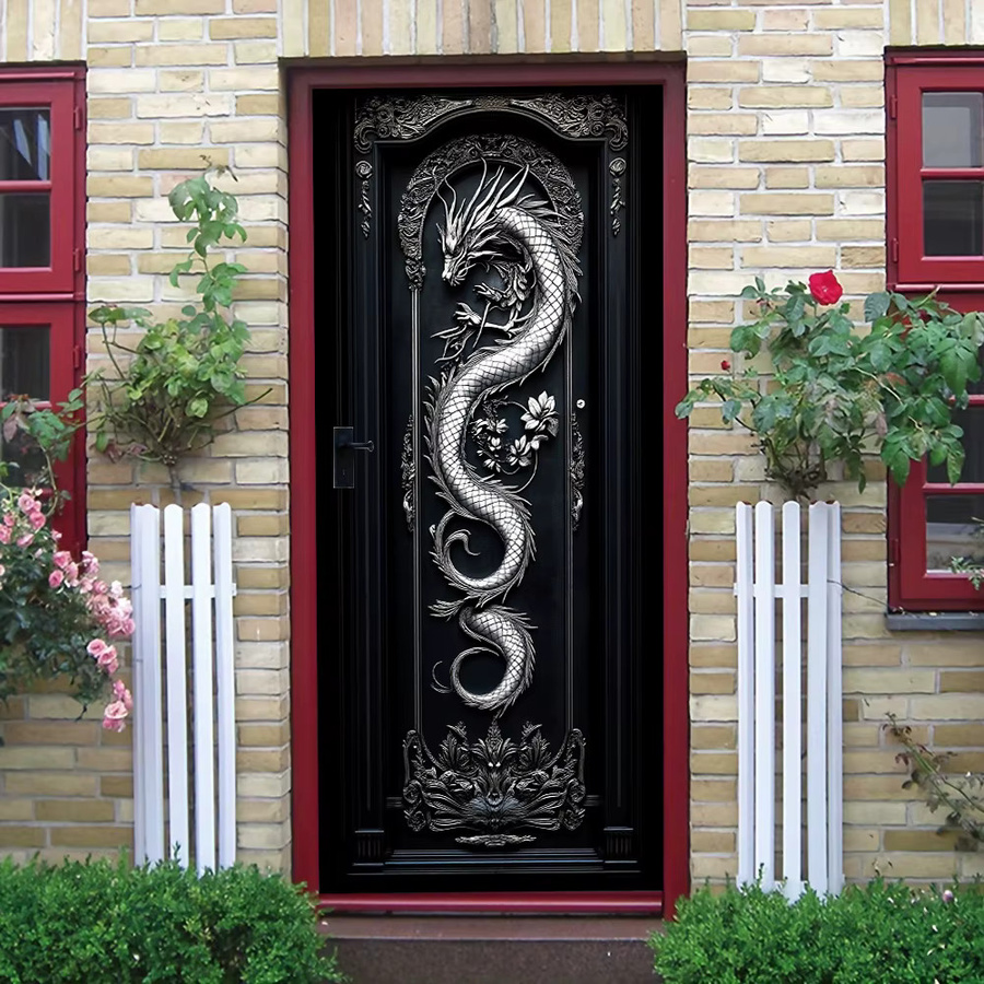 Selbstklebender Vinyl-Türaufkleber im chinesischen Stil mit 3D-Drachenmuster in Schwarz und Multicolour - Bild 5