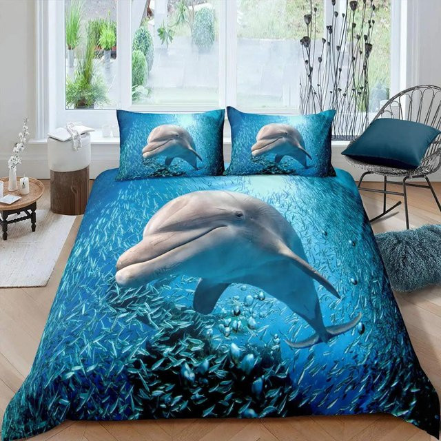 Bettwäsche-Set mit 3D-Delfin-Motiv in Blau von Your Warm Home, bestehend aus Bettbezug und Kissenbezügen aus Polyester, B/H: 135 x 200 cm, Kissenbezug: 50 x 70 cm - Bild 1