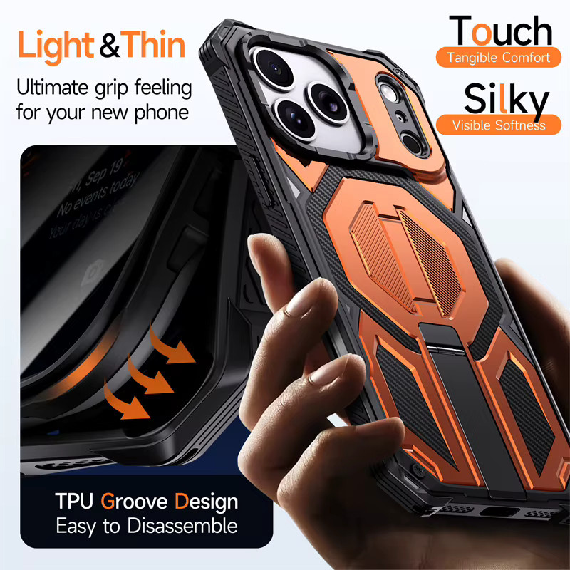 Newteneight Militärische Panzer-Schutzhülle mit Magnetmetall-Ständer für iPhone 16 E, Farbe: Orange, MagSafe kompatibel - Bild 6