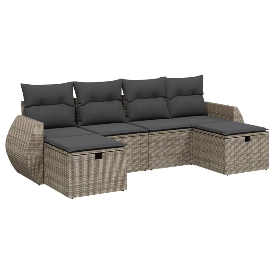 vidaXL 6-teilige Garten-Sofagarnitur in L-Form aus Poly Rattan und Metall in Grau mit Kissen und Ottoman - Bild 2