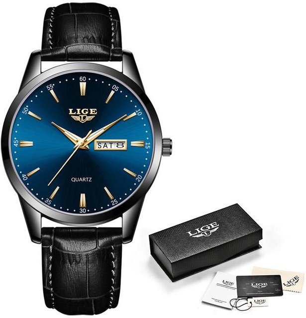 LIGE Armbanduhr Quarz, Leder, Edelstahl, Blau, Schwarz, Herren, 39 mm - Bild 1