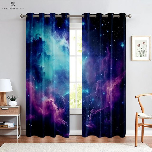 Yiran Furniture Vorhänge mit 3D-Sternenhimmel-Druck in Blau, 2er-Set, halbtransparent, Rod Pocket, B: 50 cm, H: 130 cm - Bild 1