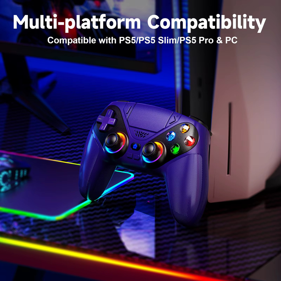 Bonacell Kabelloser Controller für PlayStation 5, PS5 Pro und Slim sowie PC mit RGB-Beleuchtung, Turbo-Funktion und programmierbaren Tasten in Multicolor (Blau/Lila) - Bild 2