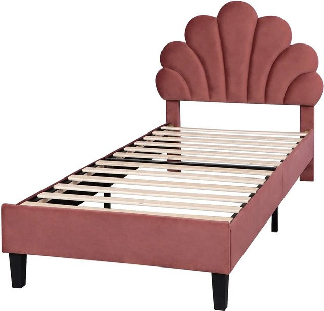 okwish Polsterbett Kinderbett mit Kopfteil in Blumenform aus Samt, B/T/H: 90 x 200 x 104,5 cm, Rosa/Pink/Rot - Bild 1