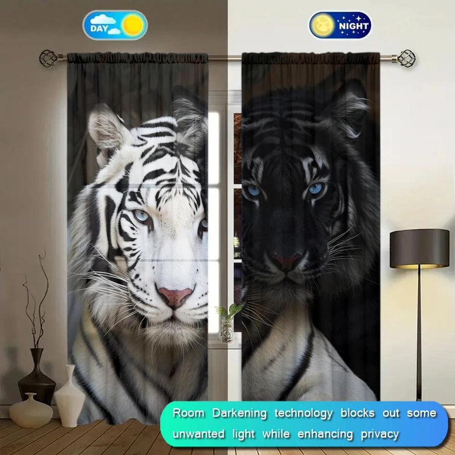 2er-Set Tiger-Vorhänge mit modernem Print in Weiß und Schwarz, halbtransparent, B: 52,5 cm, H: 116 cm - Bild 4