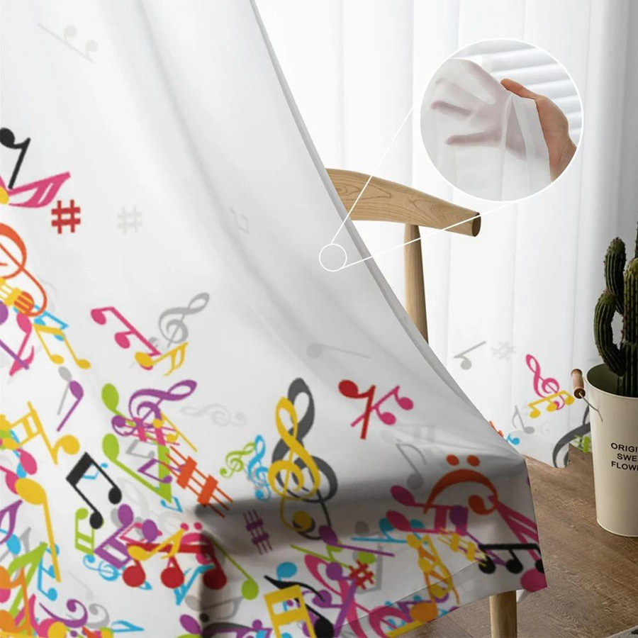 Yiran Furniture Transparentes Tüll-Fensterdekoration mit bunten Musiknoten, Organza-Voile-Vorhang, Breite: 135 cm, Höhe: 115 cm - Bild 2