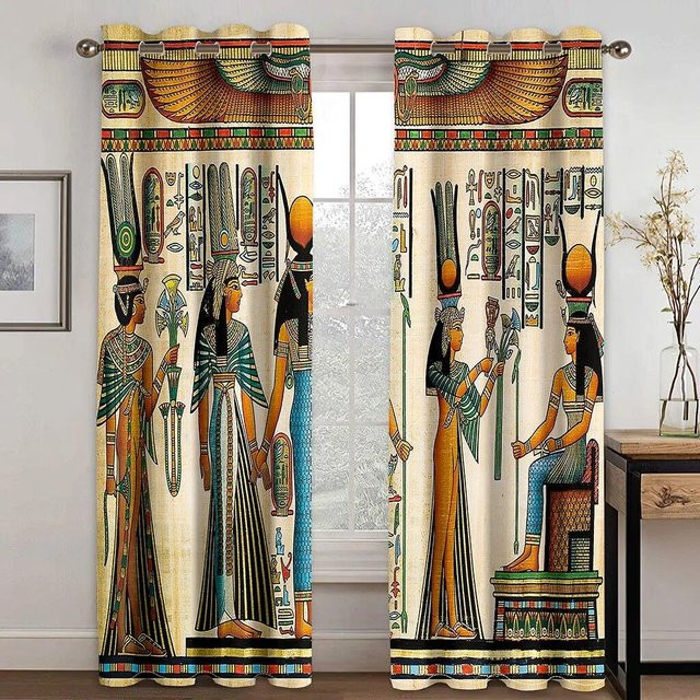 A Family Of Home Textiles Vorhang-Set mit ägyptischer Schrift in Stein-Optik, 2er-Set halbtransparent, Breite: 70 cm, Höhe: 160 cm - Bild 1