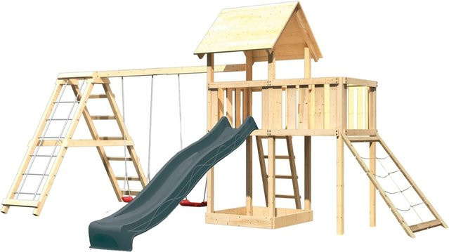 Karibu Spielturm Lotti aus Massivholz mit Rutsche, Schaukel, Plattform und Rampe in Anthrazit - Bild 1