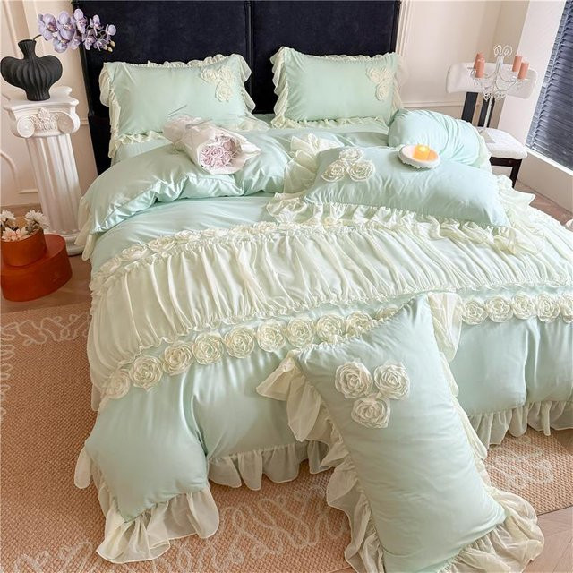 4-teiliges Bettwäscheset Bin Chi Textiles im koreanischen Prinzessinnenstil mit Blumen, Spitze und Rüschen in Grün, B/T/H: 180 x 200 cm - Bild 1