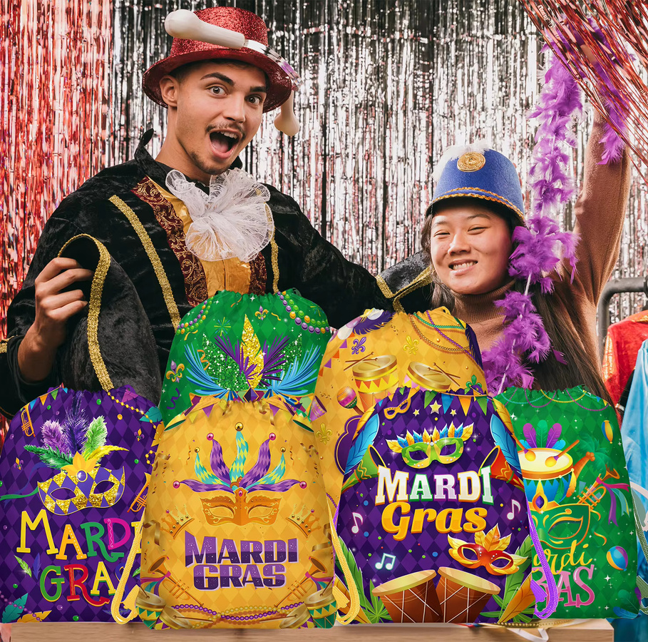 10 Stück Mardi Gras Vlies-Geschenkbeutel mit Maskenmuster und Kordelzug in Multicolour als Partyzubehör und Aufbewahrungsbeutel - Bild 6