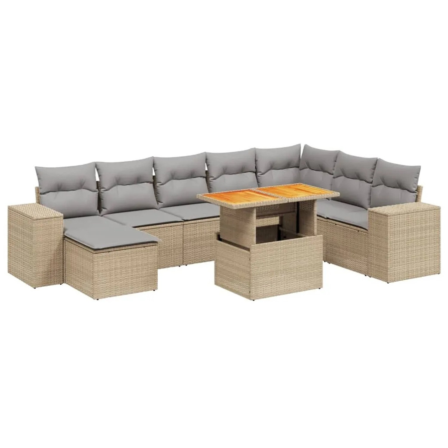vidaXL 9-tlg Garten-Sofagarnitur in L-Form aus Polyrattan und Akazienholz mit Kissen, Beige - Bild 2
