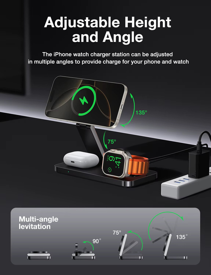 AUFU 3-in-1 Faltbare Magnetische Kabellose Ladestation für MagSafe, iPhone, Apple Watch und AirPods in Schwarz - Bild 3