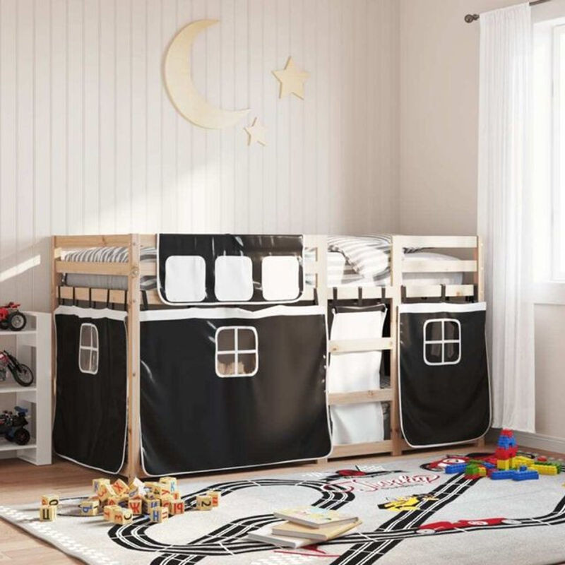 vidaxl Etagenbett aus Kiefer Massivholz mit Vorhängen in Weiß und Schwarz B/T/H: 90 x 190 cm - Bild 1