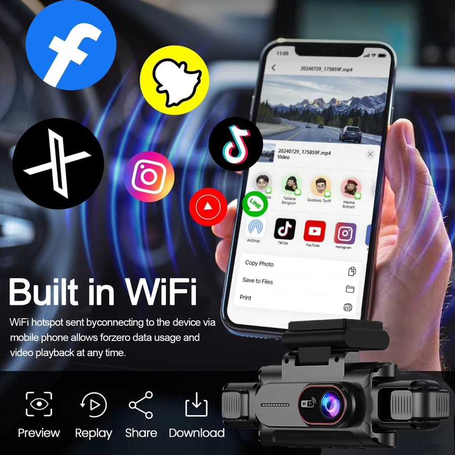 Maxtoss 4-Kanal Auto-DVR Dashcam mit 360 Grad Rundum-Überwachung, Full HD 1080P, WLAN und Videoaufzeichnung, Schwarz - Bild 4