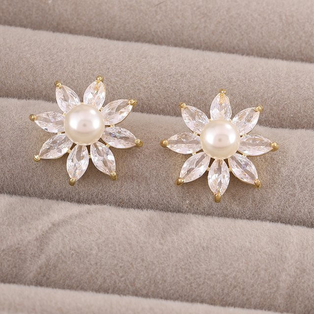 ZAKOL Ohrstecker, Sonnenblume, Zirkonia, Perle, Kristall, Gold - Bild 1