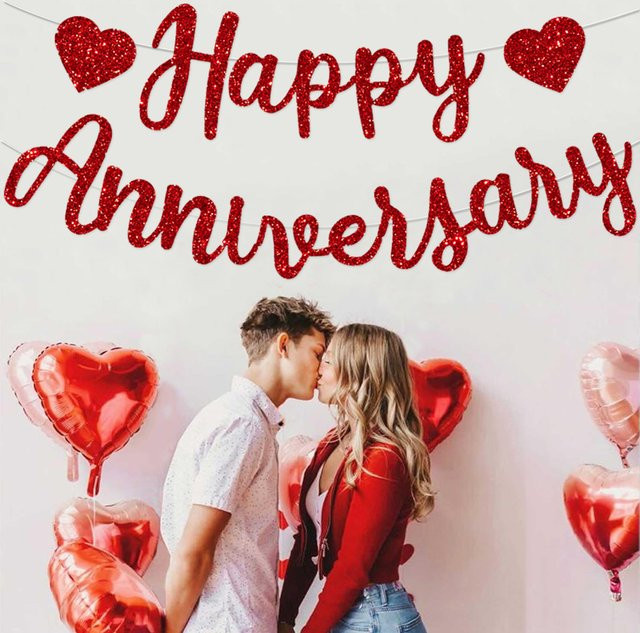 VRISE Happy Anniversary Banner Jubiläums-Party-Dekoration aus Papier in Rot und Lila - Bild 1