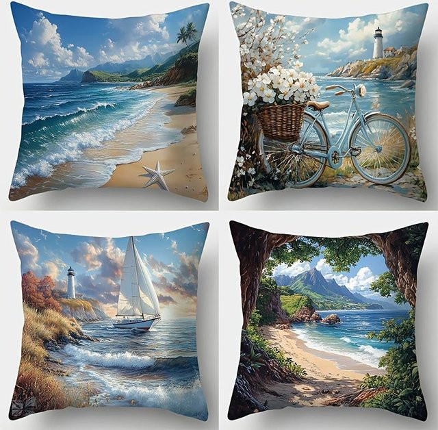 4-teiliges modernes Kissenbezug-Set von JMG Clothing mit nautischen Motiven wie Strand, Welle und Segelboot, Mehrfarbig, B/H: 40 x 40 cm - Bild 1