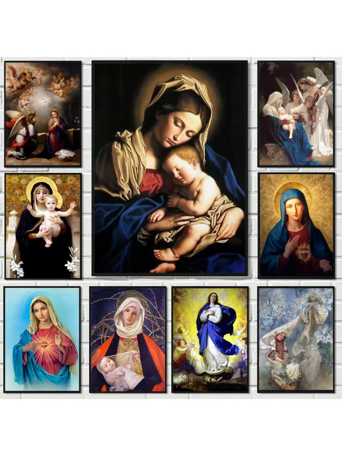 Religiöses Leinwandgemälde Potdemiel Jungfrau Maria Heiliges Herz Kunstwerk in Schwarz und Multicolour - Bild 4