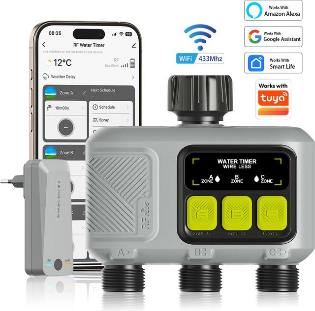 Tuya Smart Garten-Bewässerungstimer mit WIFI und RF433, programmierbarer 3-Zonen Bewässerungscontroller mit Regenverzögerung und Filter - Bild 1