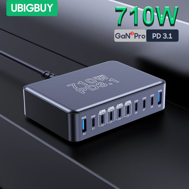 UBIGBUY 710W GaN USB C Ladegerät mit 10 Ports, PD 3.1 140W und 100W PPS Schnellladestation für iPhone 16, Samsung S23 und MacBook Pro, Schwarz - Bild 1
